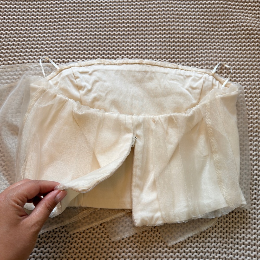 Zara organza ecru cream ruffle strapless crop top